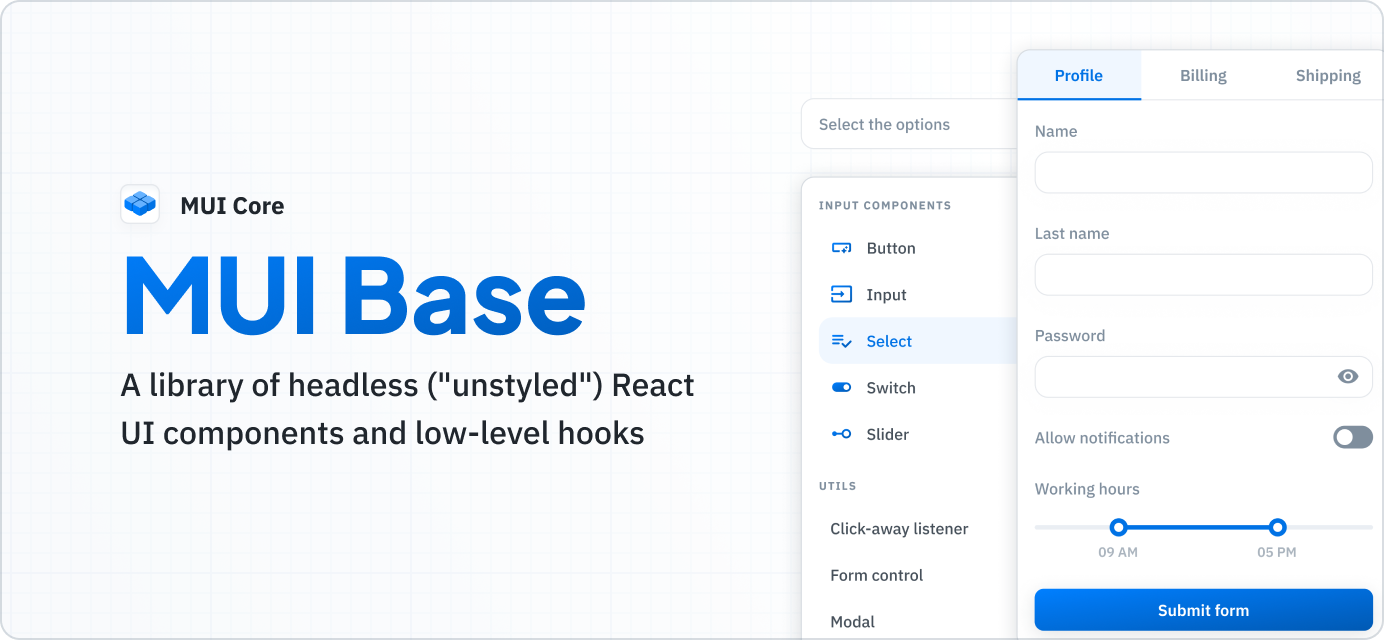 Demo components built with Base UI, a newly introduced library of unstyled components and hooks